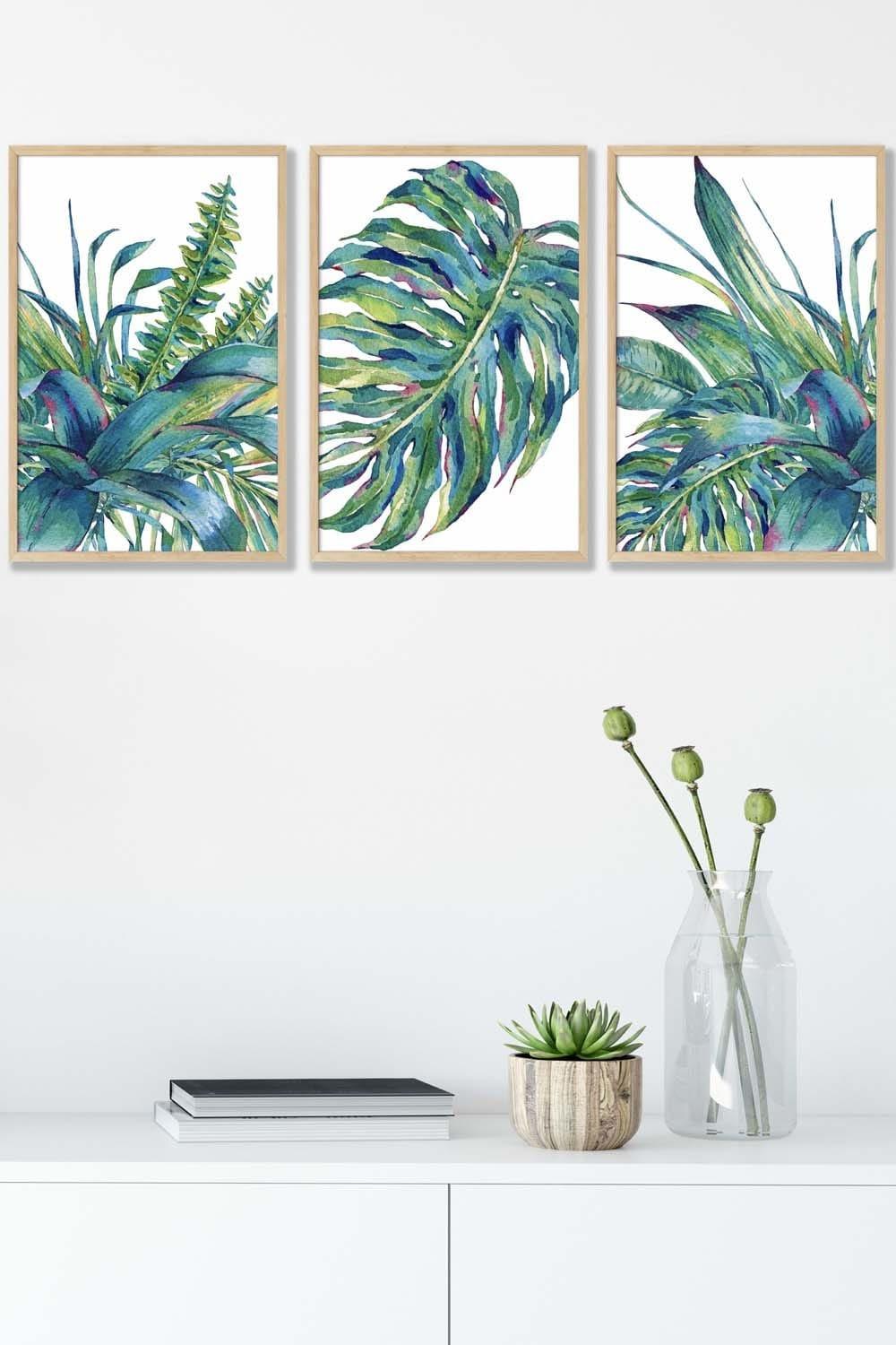 Framed Blue Green Watercolour Tropical Leaves Framed Wall Art - Medium